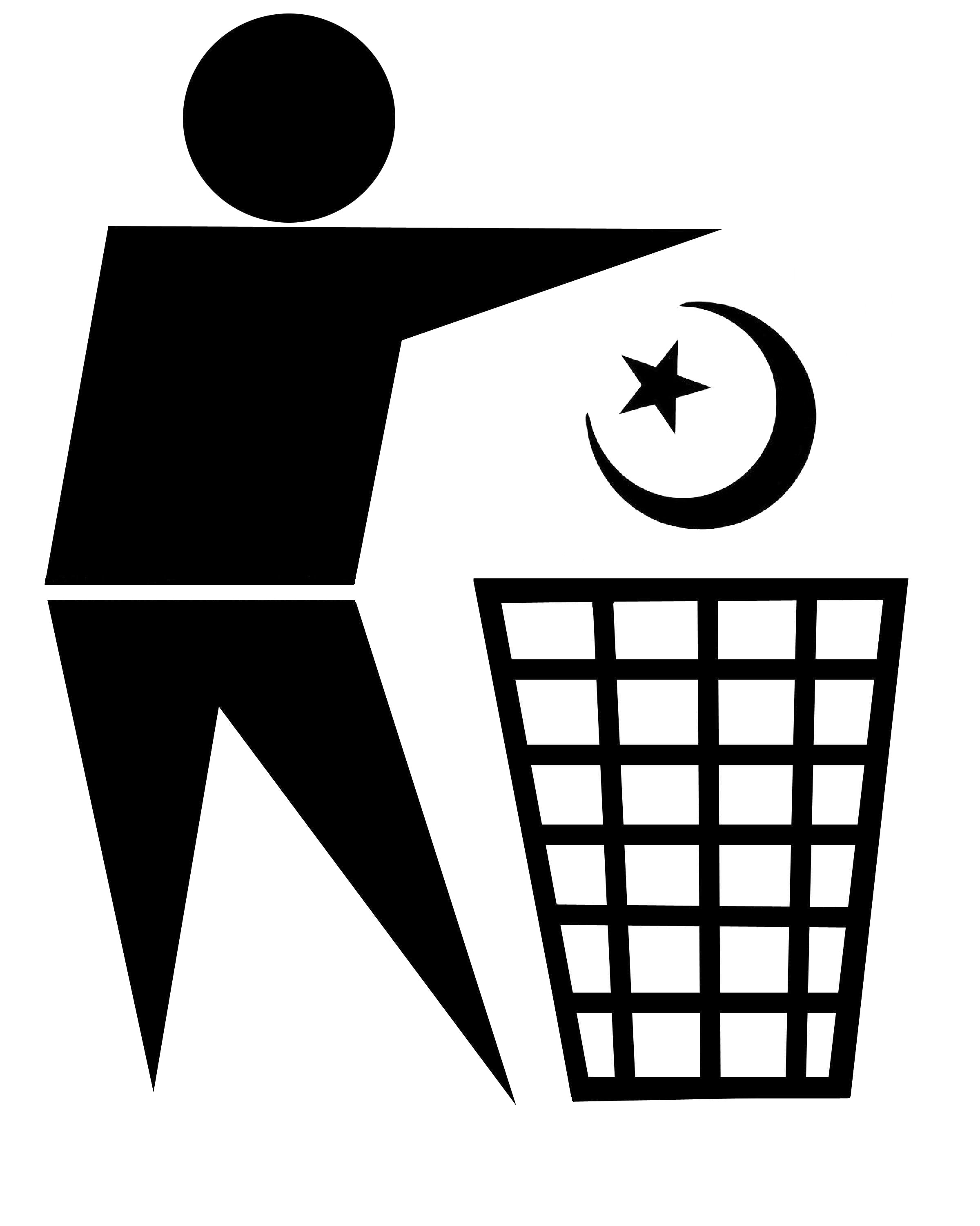 standard waste bin sign with Islamic religious symbol being discarded